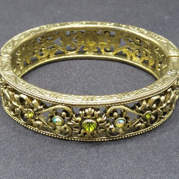 Brass Filigree Purple Green Rhinestone Hinged Bracelet, Magnetic Clasp, 7 Inches - Picture 5 of 8